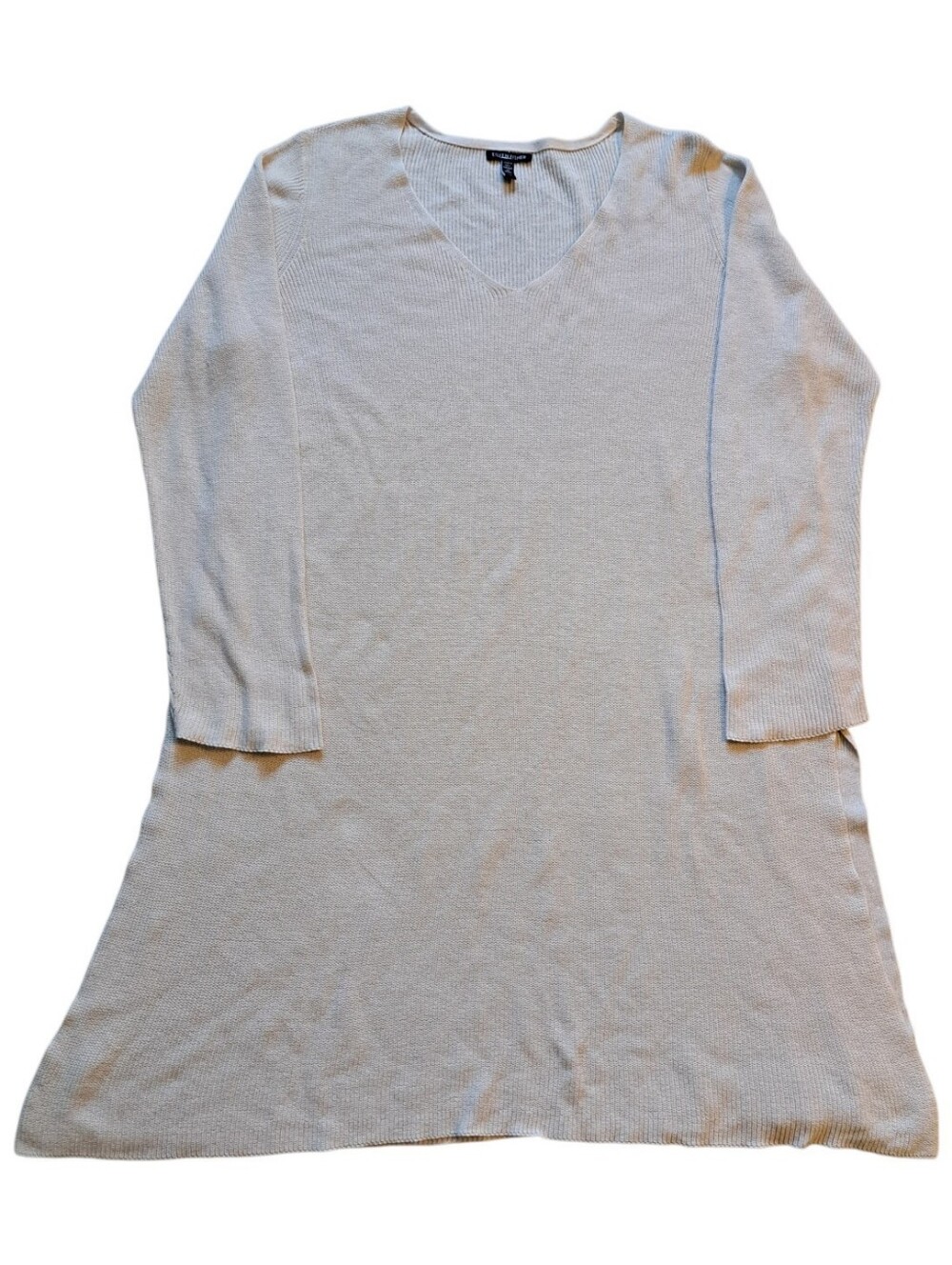 Eileen Fisher Organic Cotton Lightweight V-Neck Long Sleeve Tunic Top Large Tan